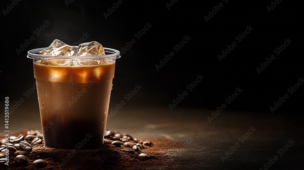 Iced Coffee Delight in Clear Cup Surrounded by Coffee Beans and Powder : Generative AI