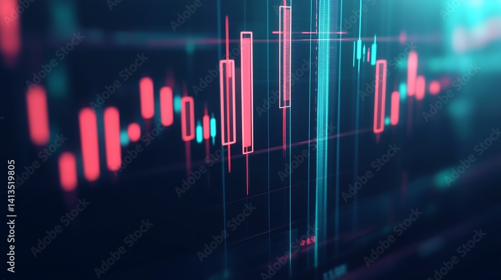 Digital stock market chart showing fluctuating prices on a futuristic display with glowing graphics : Generative AI