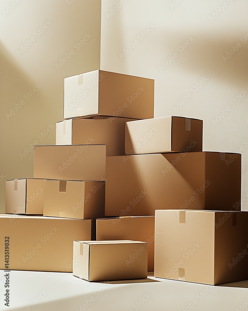 Stacks of cardboard boxes in natural light showcasing efficient storage and organization solutions : Generative AI