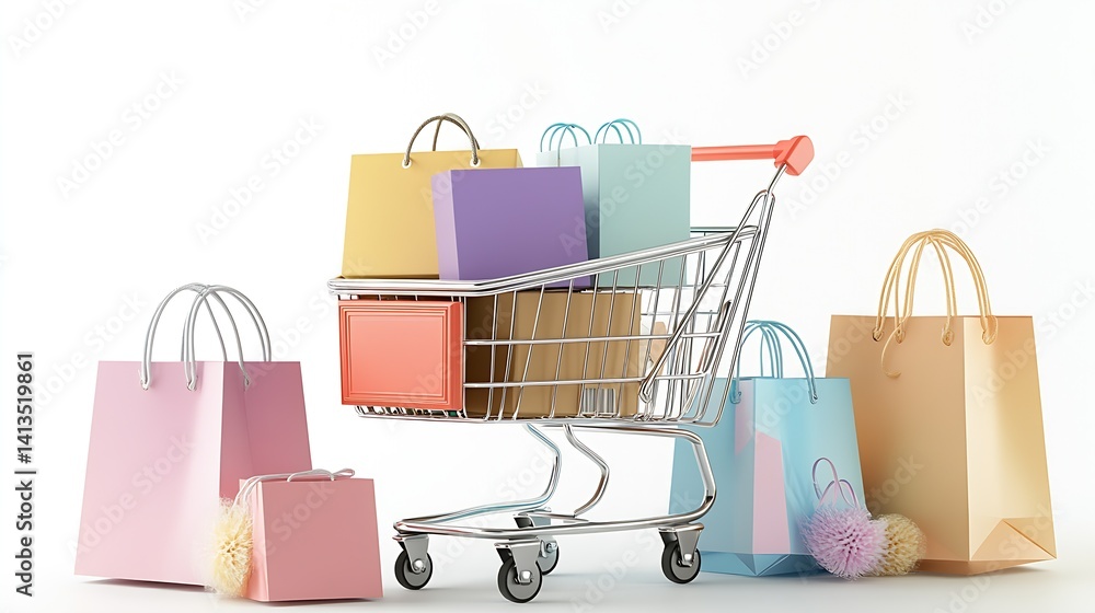 Stylish Shopping Cart Surrounded by Colorful Shopping Bags Perfect for Retail and Marketing Visuals : Generative AI