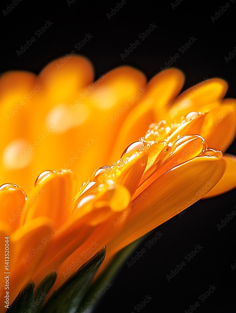 Beautiful close up of vibrant orange flower petals adorned with water droplets captured against a dark background : Generative AI