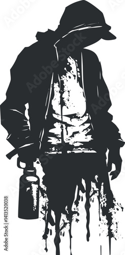 A striking silhouette of a figure in a hoodie holding a spray can with paint dripping.