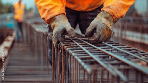 Construction worker lifting steel reinforcement bars on a site. Featuring steelwork and structural labor