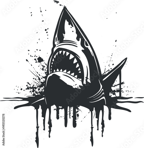 Stylized black and white illustration of a shark with an aggressive expression and splashes.