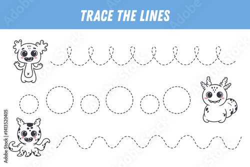 Tracing lines for kids. Cute cartoon monsters. Handwriting practice. Educational game for preschool kids. Activity page. Vector
