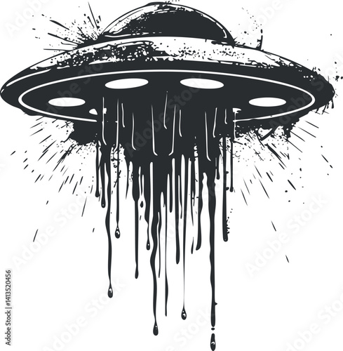 A stylized illustration of a UFO with a dripping effect, evoking mystery and extraterrestrial themes.