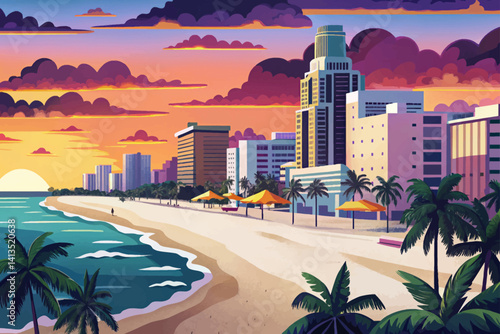 South Beach Miami at sunset time, cartoon design Flat style vector illustration