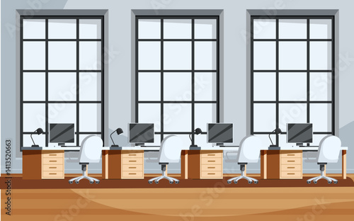 office interior with tables with computers, vector illustration