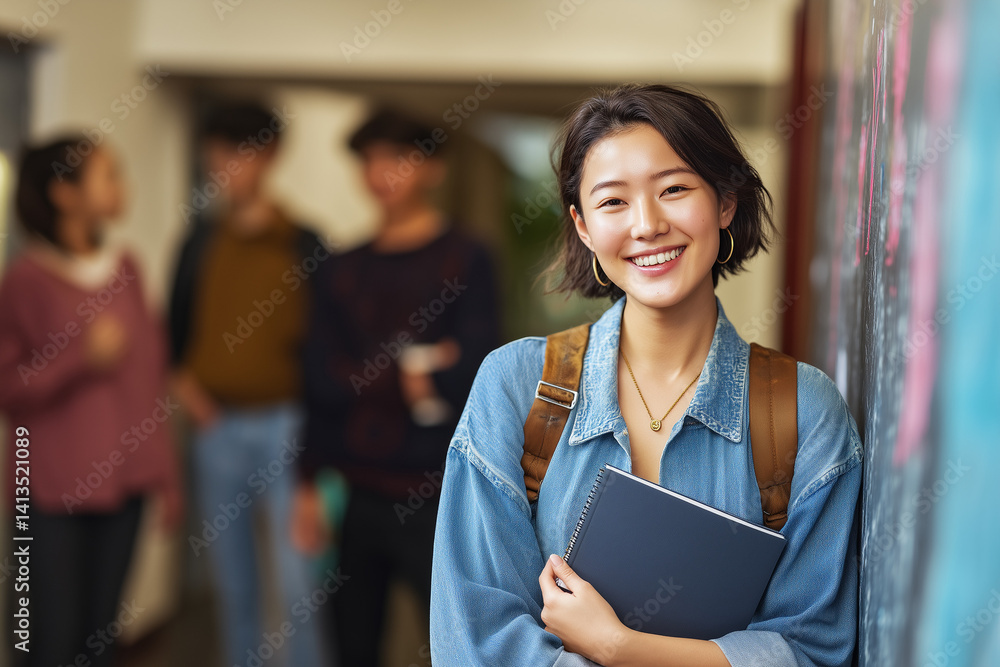 Fototapeta premium Confident college student smiling with a something in hand, standing in a hallway with blurred classmates chatting in the background. 