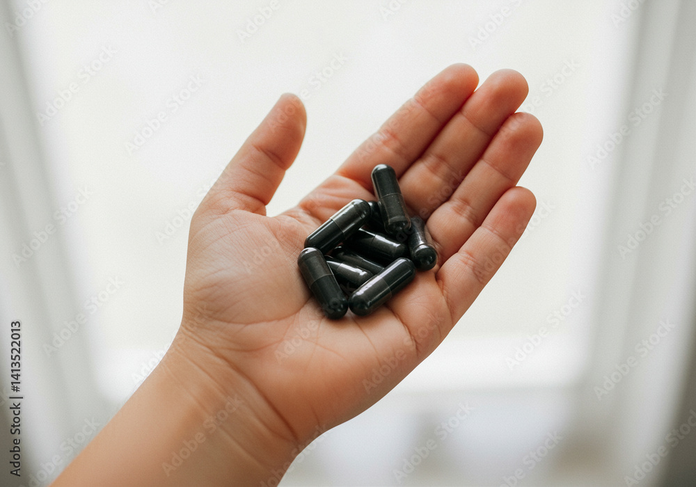 Black Capsules in Hand Health Supplements. Hand holding black capsules dietary supplements for health and wellness Black Capsules in Hand Health Supplements. Hand holding black capsules dietary supplements for health and wellness