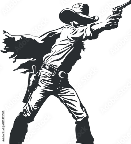 A dynamic silhouette of a cowboy aiming a pistol in a classic western pose.