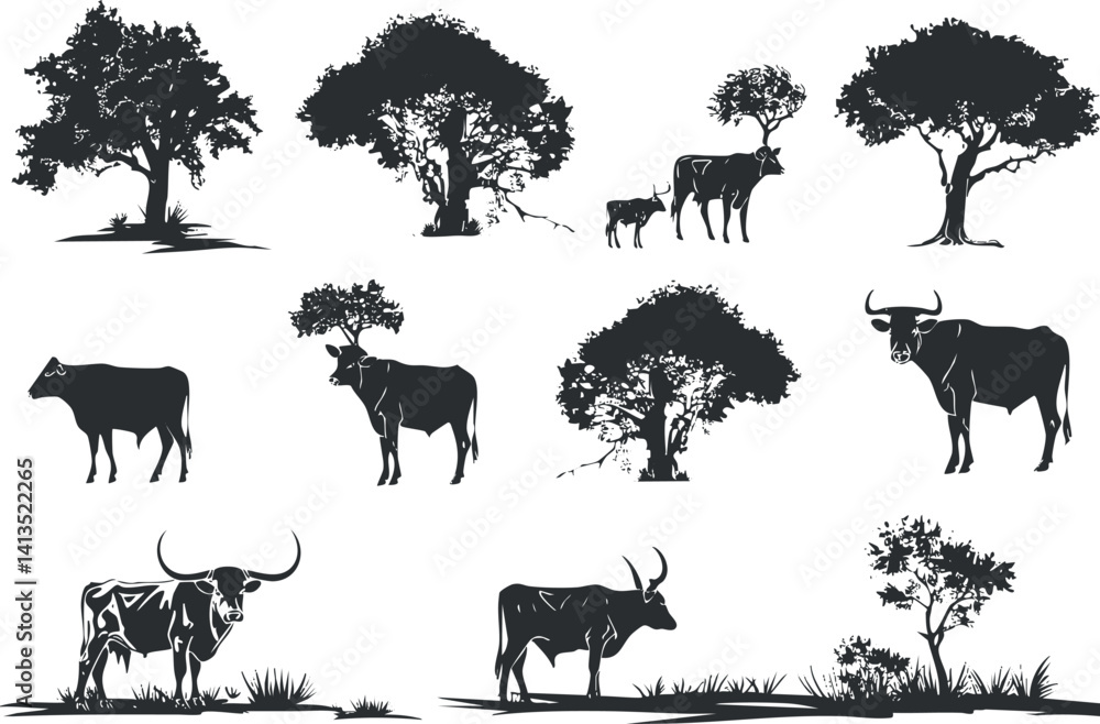 Fototapeta premium Silhouettes of cows and trees depicting rural landscapes and farm life in black and white.