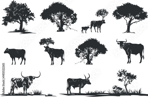 Silhouettes of cows and trees depicting rural landscapes and farm life in black and white.
