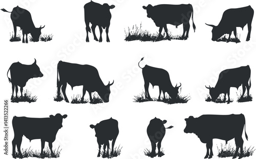 A collection of cow silhouettes grazing in a grassy field, showcasing diverse poses and sizes.