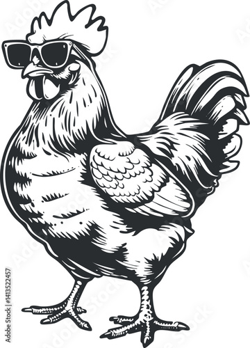 A humorous cartoon chicken wearing sunglasses, embodying a playful and stylish farmyard character.