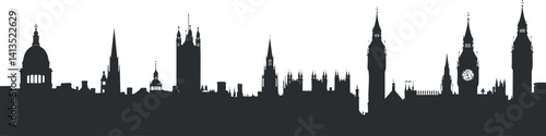 Silhouette of London's iconic skyline featuring famous landmarks and architectural styles.