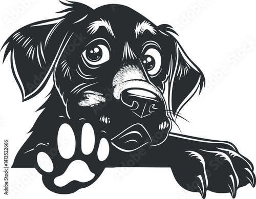 Cute black and white illustration of a friendly dog with a playful expression and paw raised.