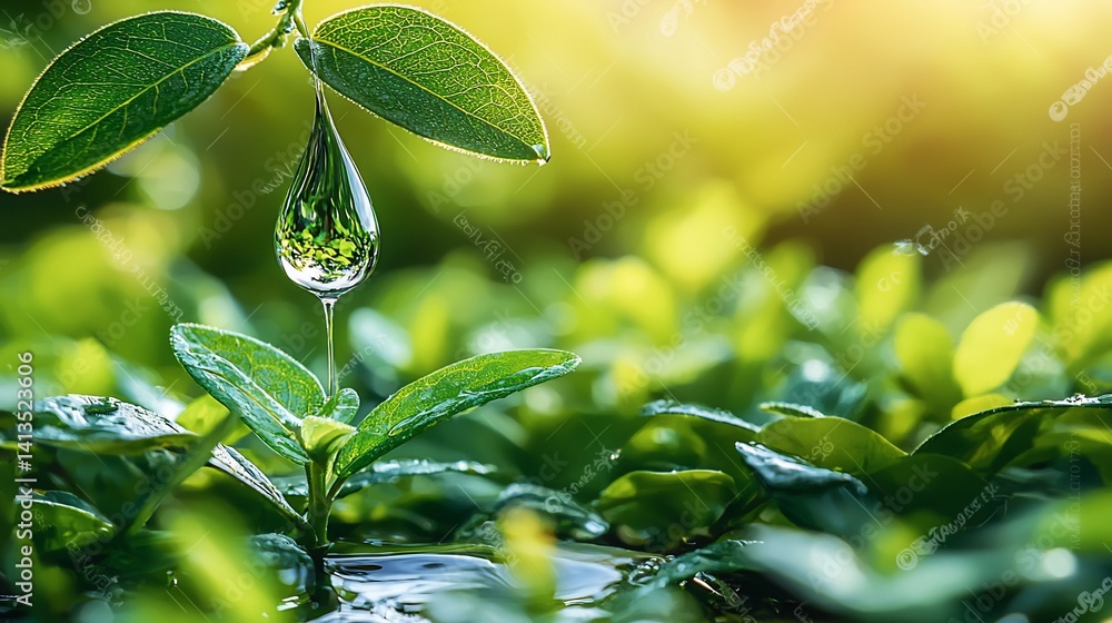 Water drop reflecting green leaves, sunlight on healthy plant Water drop reflecting green leaves, sunlight on healthy plant