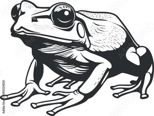 A detailed and stylized black and white illustration of a sitting frog.