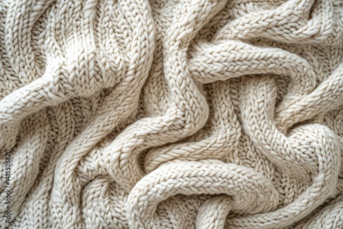 Cream-colored chunky knit fabric with a textured, cable-knit pattern, soft and warm.