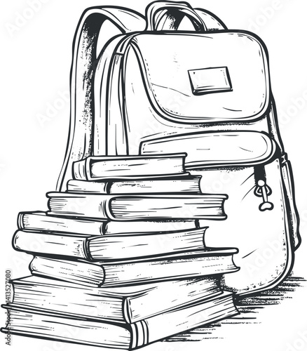 A detailed illustration of a backpack and stacked books, ideal for education and study themes.