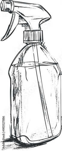 Hand-drawn illustration of a spray bottle used for cleaning and disinfecting surfaces.