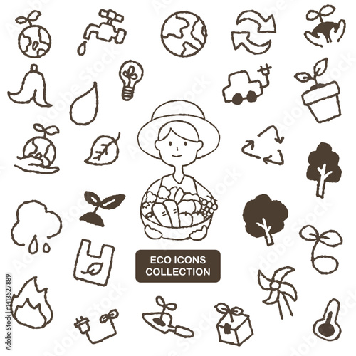 シンプルなゆるい手書き風のエコロジー・SDGsアイコンセット｜農家の人物イラスト
