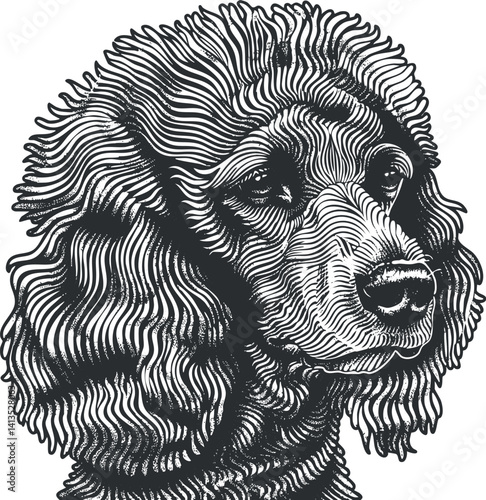 Stylized black and white line art illustration of a poodle dog showcasing intricate details.