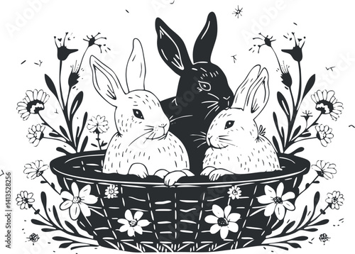 Illustration of three rabbits in a decorative basket surrounded by flowers and foliage.