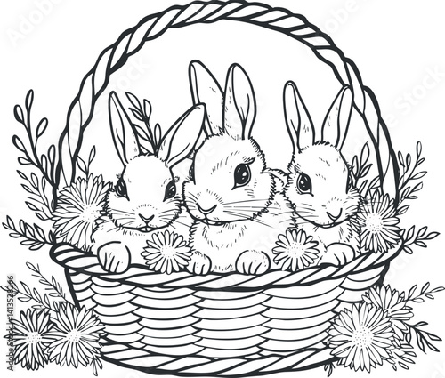 A charming black and white illustration of three cute bunnies in a floral basket.