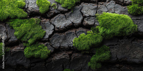Close-up of the bark of an old tree with moss. Natural background, determination of sides of the world by moss