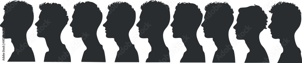 A collection of silhouetted profiles illustrating various human head shapes and expressions. A collection of silhouetted profiles illustrating various human head shapes and expressions.