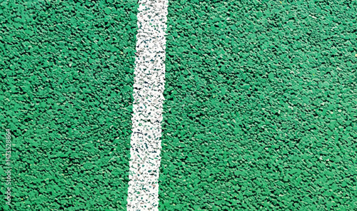 Green rubber road background texture. Bicycle path vector illustration. Green rubber flooring and white line, textured grainy surface background, outdoor sports ground floor. Top view, copy space.