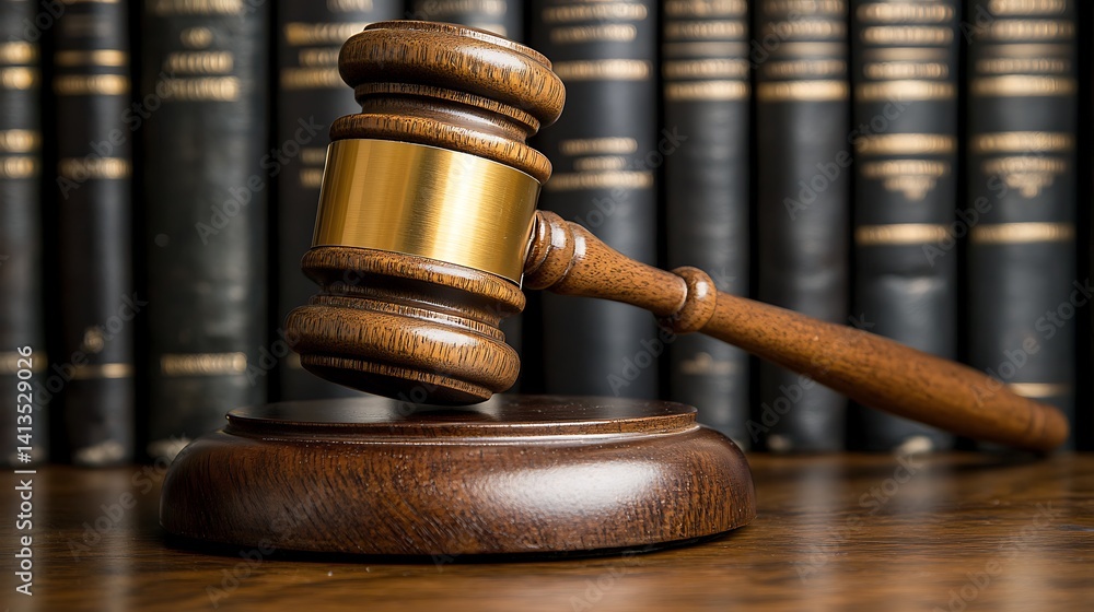 Judge's Gavel and Law Books, A judge's gavel resting on a wooden surface with law books in the background Judge's Gavel and Law Books, A judge's gavel resting on a wooden surface with law books in the background