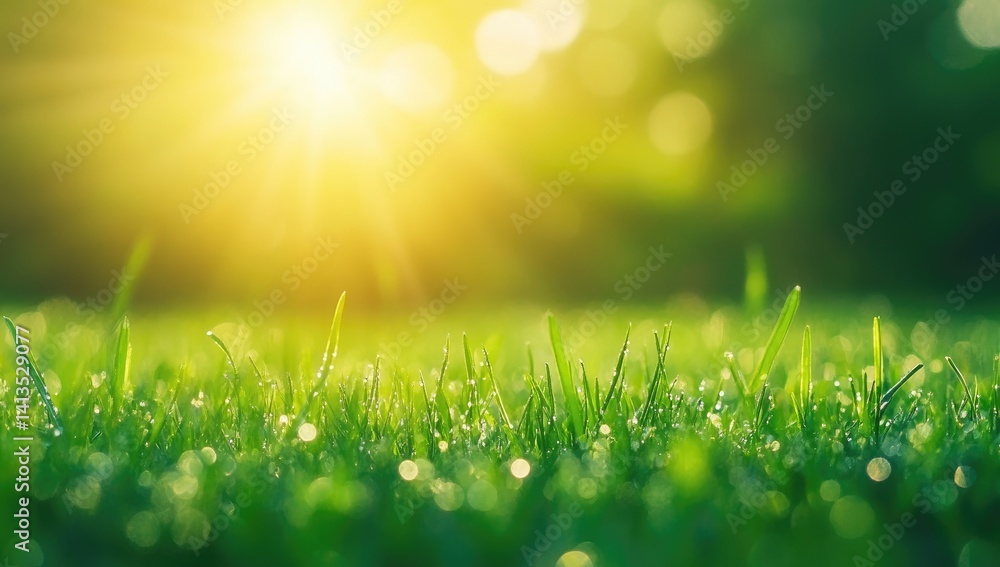 Obraz premium Close-up of lush green grass glistening with morning dew, bathed in warm sunlight. Soft focus background with bokeh effect