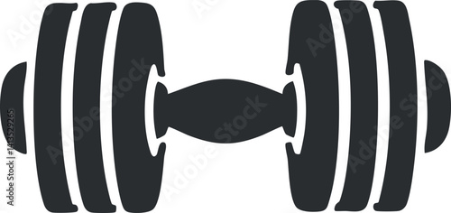 A simple black silhouette of a dumbbell representing fitness and strength training.