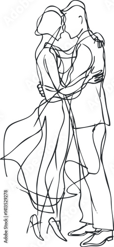 Stylized line art illustration of a couple sharing a passionate kiss, symbolizing love and connection.