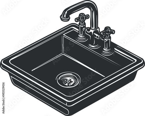 Illustration of a modern kitchen sink with faucet and drain for home and plumbing use.