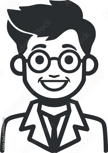 A cheerful cartoon scientist character with glasses wearing a lab coat and smiling enthusiastically.