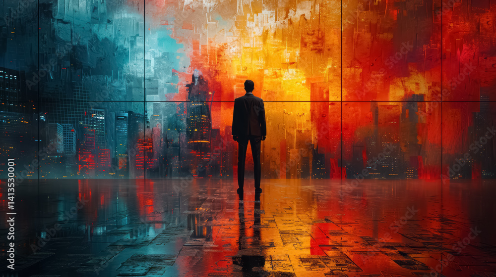 back of businessman in suit with business office glass modern buildings background for economic market stock investment