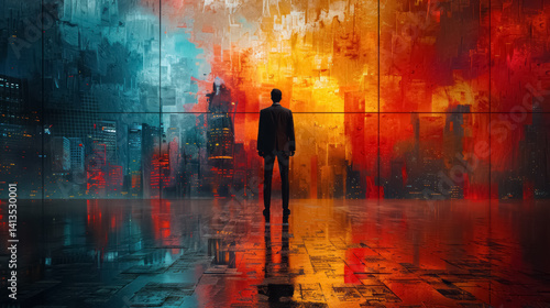 Obraz na płótnie back of businessman in suit with business office glass modern buildings background for economic market stock investment w salonie