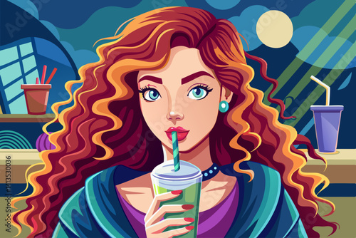 vector of This beautiful girl with long curly hair is having a cold drink