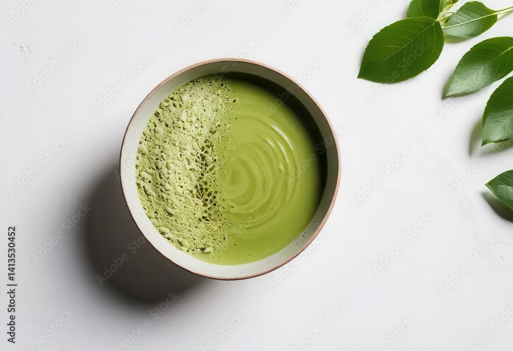 Creamy Matcha Green Tea in a Bowl with Fresh Green Leaves Creamy Matcha Green Tea in a Bowl with Fresh Green Leaves