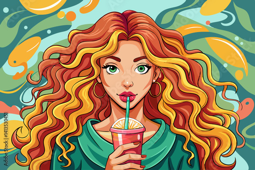 vector of This beautiful girl with long curly hair is having a cold drink