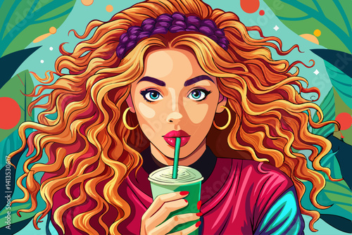 vector of This beautiful girl with long curly hair is having a cold drink