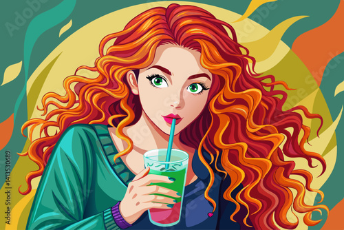 vector of This beautiful girl with long curly hair is having a cold drink