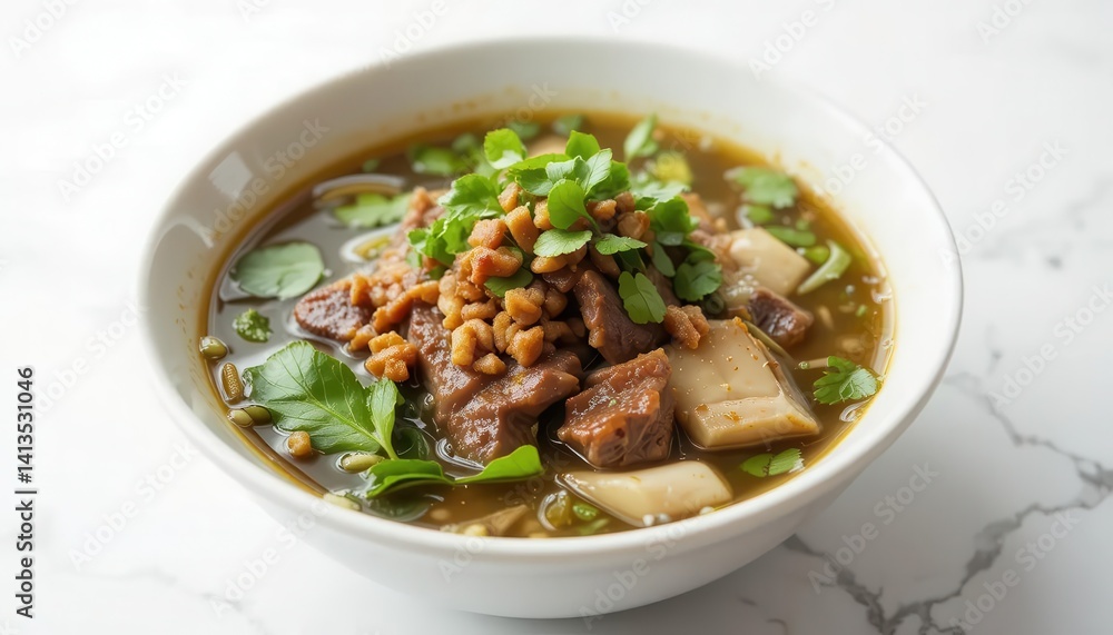 Hearty and Delicious Asian Noodle Soup with Fresh Herbs and Meat Hearty and Delicious Asian Noodle Soup with Fresh Herbs and Meat