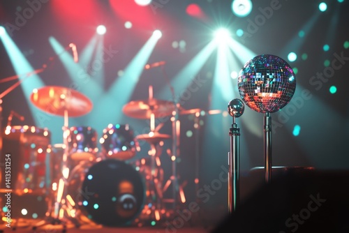 Disco ball on a stand in front of a blurred stage with drums and colorful lighting.