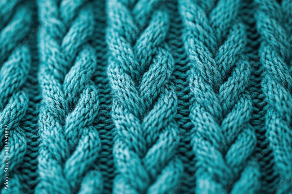 Close-up of teal knitted fabric showcasing intricate cable knit texture. Close-up of teal knitted fabric showcasing intricate cable knit texture.