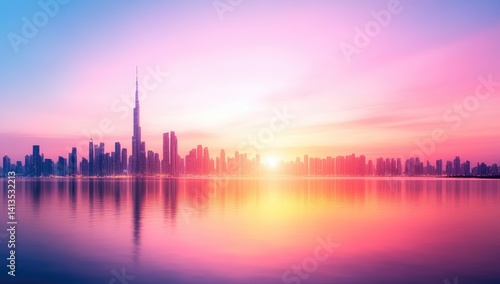 Pink and purple sunrise over a city skyline reflected in calm water.  Warm light bathes the cityscape
